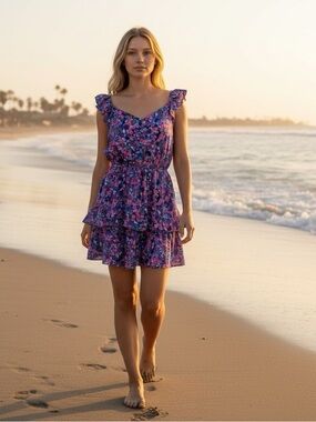 Boutique Floral Tiered Mini Dress in Purple NWOT
